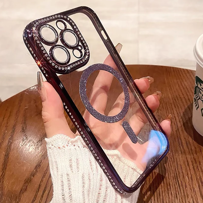 Прозрачный Магнитный чехол с кристаллами и блестками для iPhone 15 14 13 12 11 Pro Max Plus