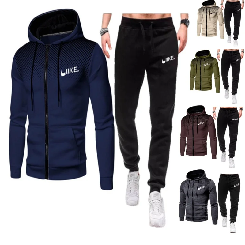 

2023 Autumn and winter new men's suit luxury plush hooded zip cardigan suit sportswear hoodie jogging trousers fitness casual we