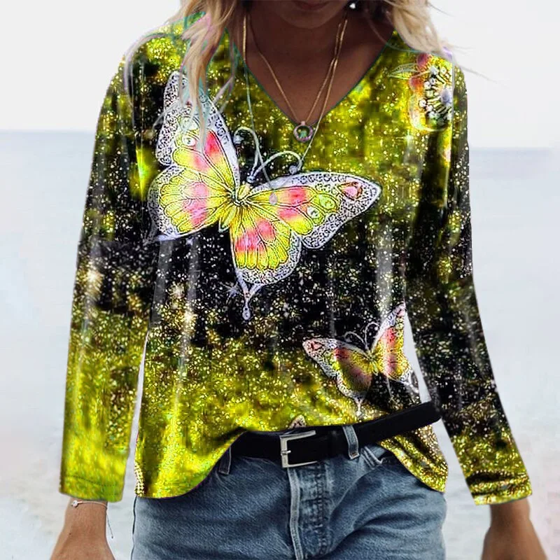 

2023 Women's Autumn Top Long Sleeve Butterfly Print New T-shirt Female & Lady Casual Fashion Tops Shirts