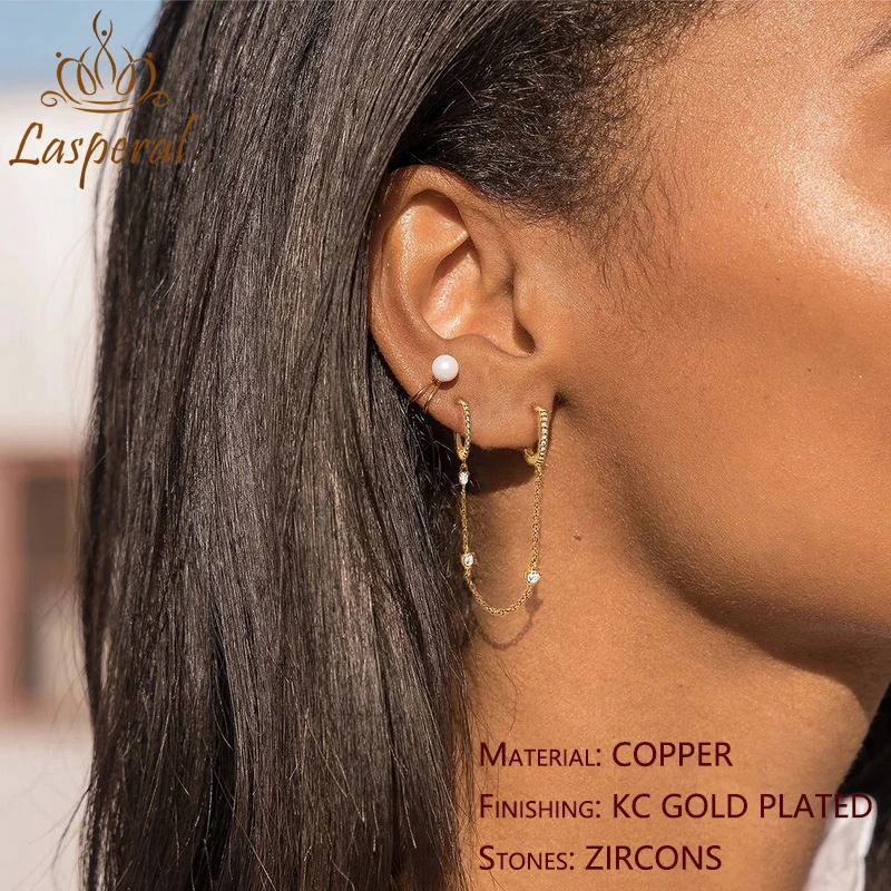 

Gold Color Connected Rund Chain Stud Copper Earrings Pave Zircon Rhinestones Earring Fashion Women Jewelry
