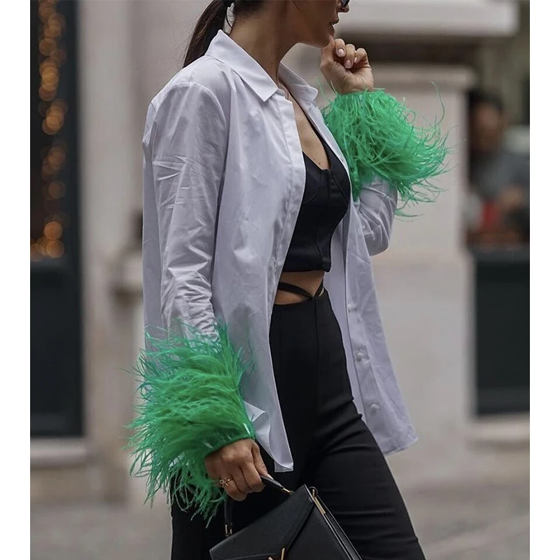 2022 элегантные модные шикарные белые женские рубашки с пушистыми перьями