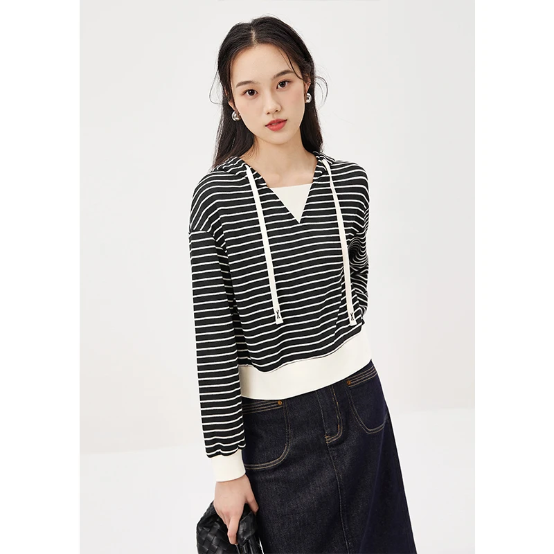 

Design 2023 Spring Crop Top Hoodies Women Sweatshirt 90% Cotton Striped Hooded Loose Streetwear Women Korean Fashion