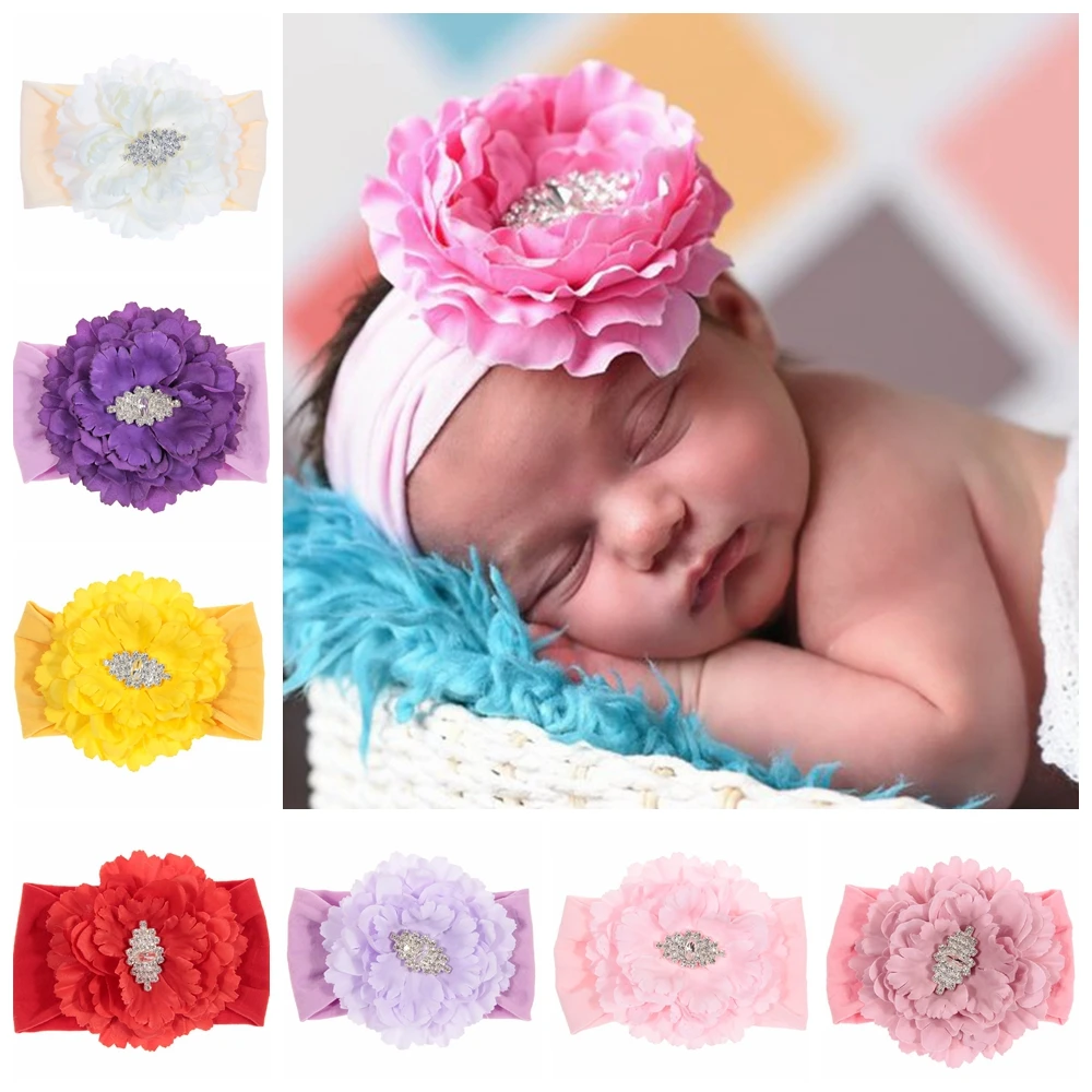New Newborn Toddler Baby Girls Headwraps Peony Flower with Rhinestone Knot Nylon Turban Headband Hair Accessories
