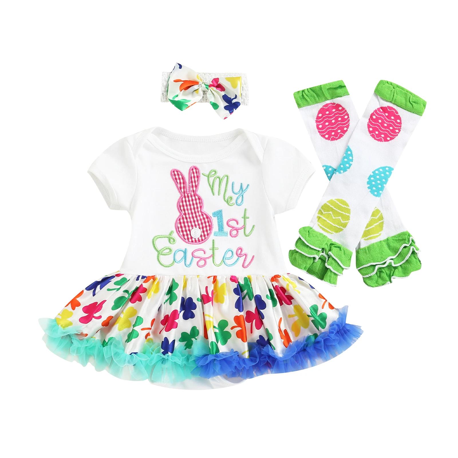 

Baby Clothing My 1st Easter Rabbit Letter Embroidery Round Neck Short Sleeve Bodysuit Floral Headband Leg Warmer 0-18 Months