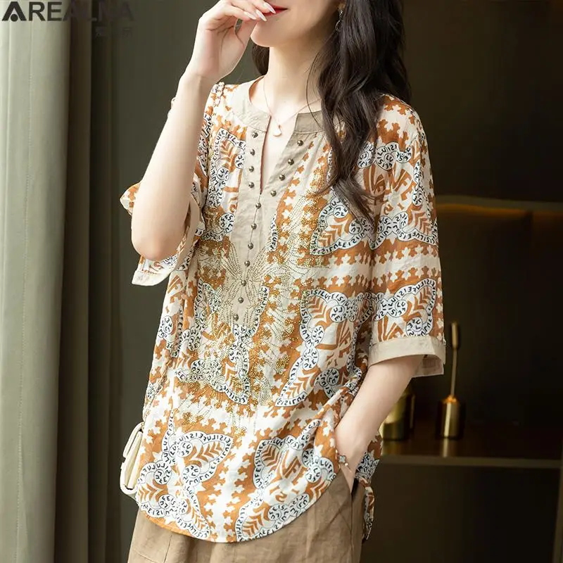 

Blusas mujer de moda 2022 summer half sleeve hot diamond print shirts kimono vintage V-neck blouse women chemisier femme M-4xl