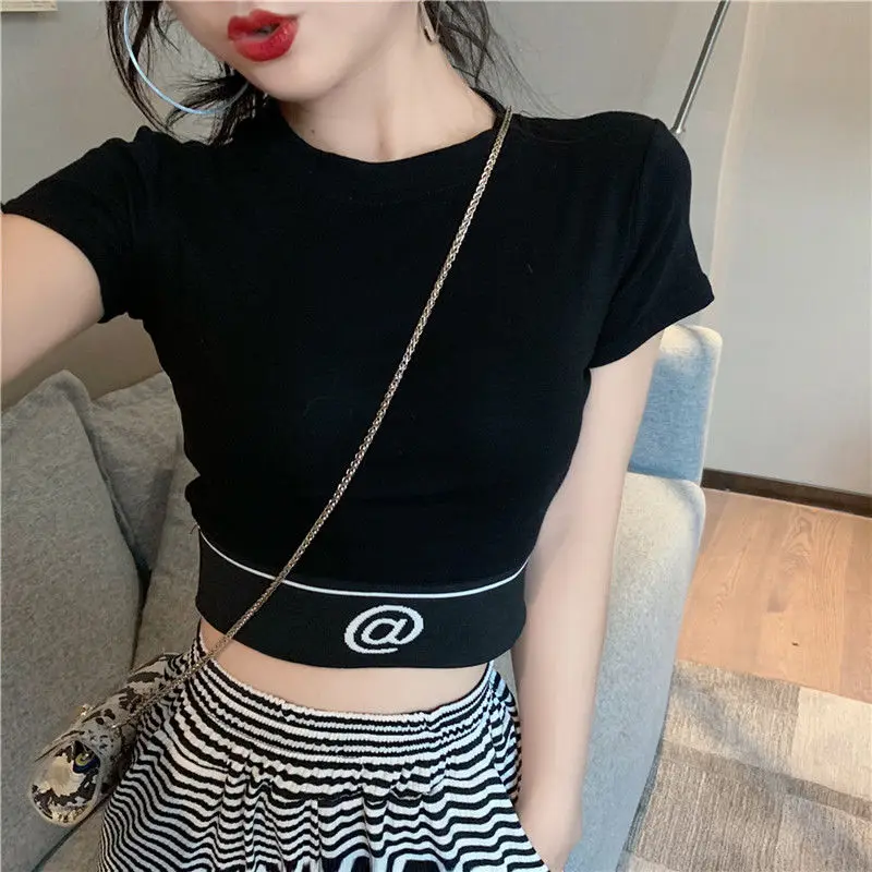 

Short-sleeved Women's Summer Knitted Sweater Ins Slim Camisole Outside Wearing Navel Print Short T-shirt Top woman tshirts gr