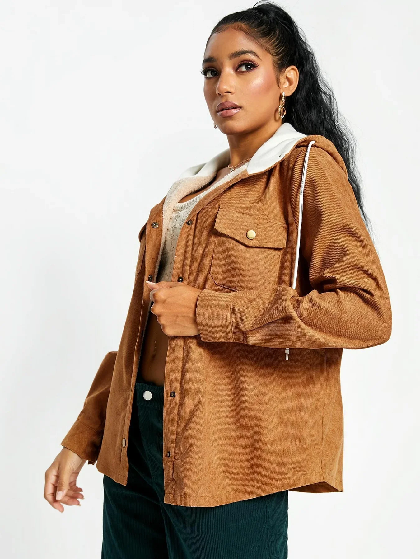 ZAFUL женская вельветовая куртка с капюшоном на флисовой подкладке однотонное