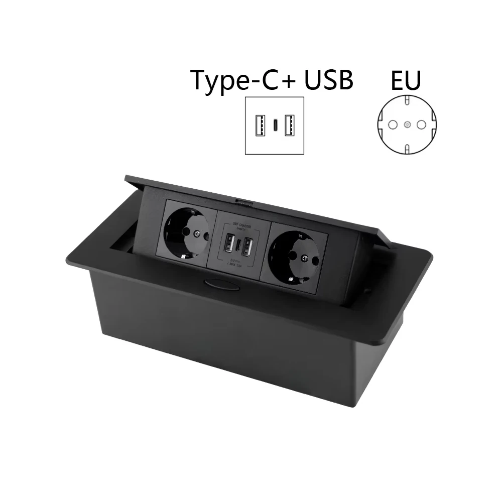 

Стандартная настольная розетка ЕС, скрытый офисный шкаф, 16 А, выдвижная настольная розетка, алюминиевая двойная USB C-образная настольная розетка, 250 В