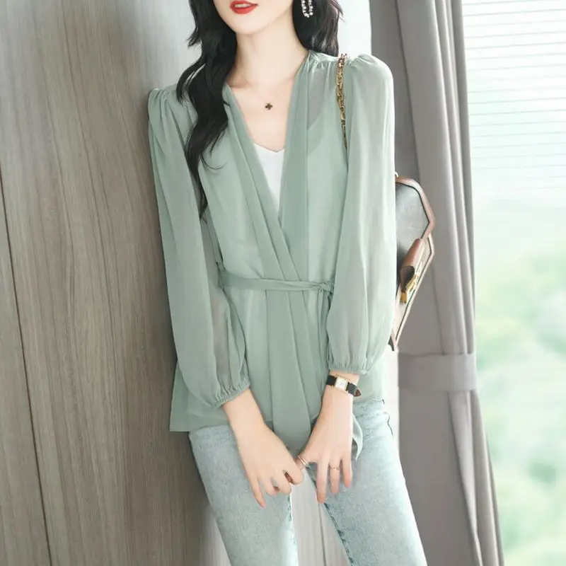 

Outerwear Plus Size Women's Coat Sexy V Neck Chiffon Shawl Belted Tops Cardigan Short Jacket Puff Sleeve Sunscreen Shirt Summer