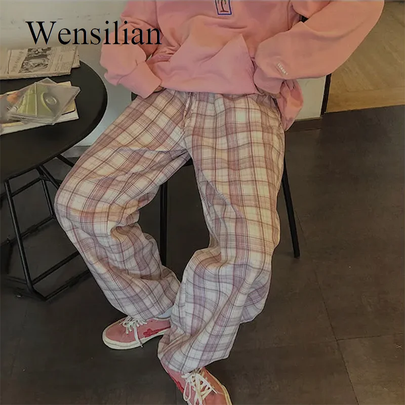 

Fashion Pink Sweatpants Women Casual Loose Plaid Pants for Teen Girls Harajuku Trousers Hip Hop Harem Pants Kawaii Bottoms