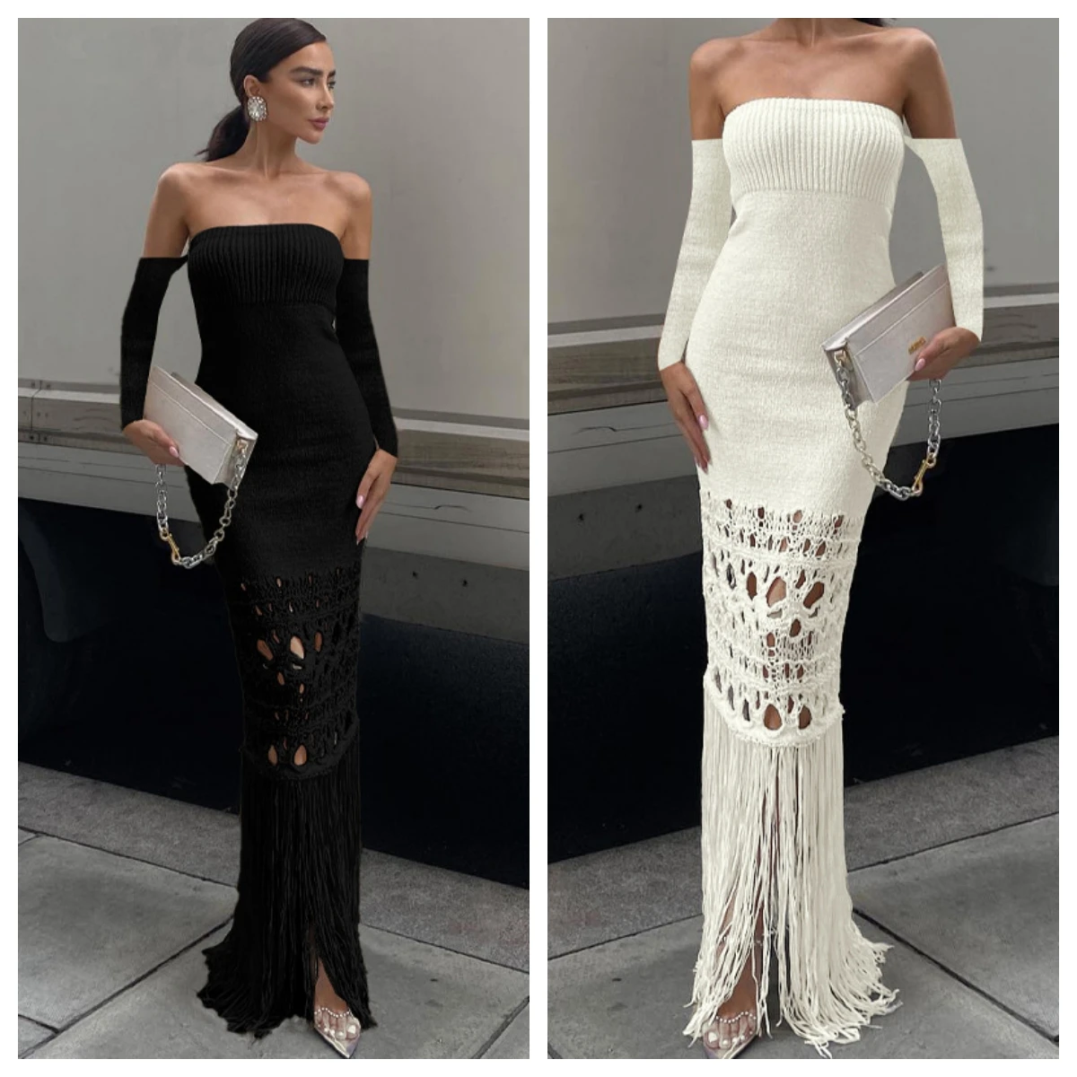 

Autumn Knitted Tassel Y2K Clothes Long Sleeve Backless Tube Bodycon Maxi Dress For Women 2023 Club Party Elegant Dress Vestidos