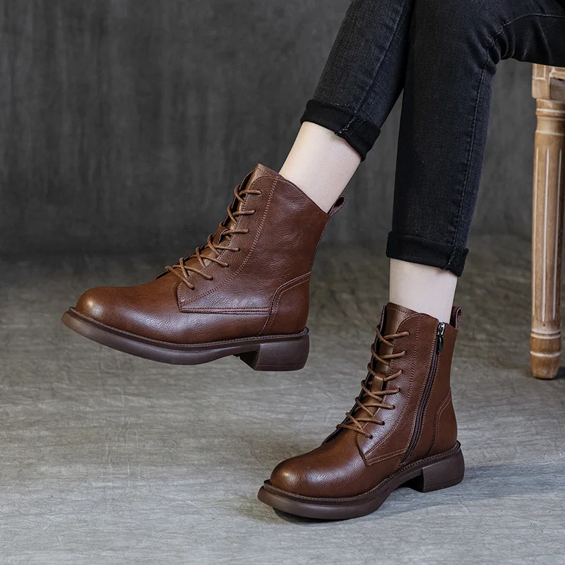 

Women's shoes Martin boots women's retro 2023 winter new leather round toe non-slip warm soft bottom women's boots