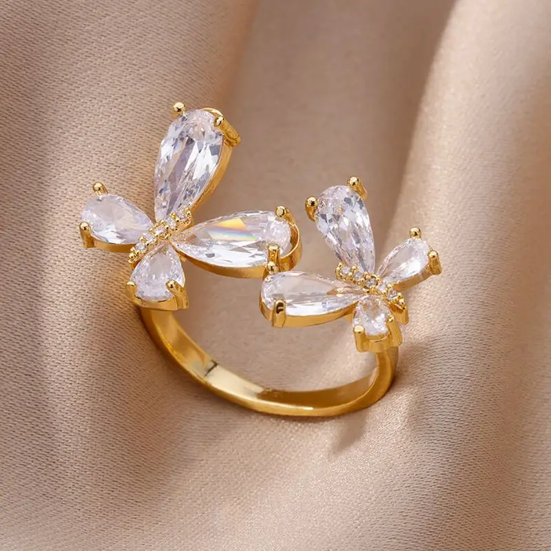 

Crystal Double Butterfly Rings For Women Stainless Steel Opening Zircon Butterfly Ring Fashion Wedding Aesthetic Jewelry Gift