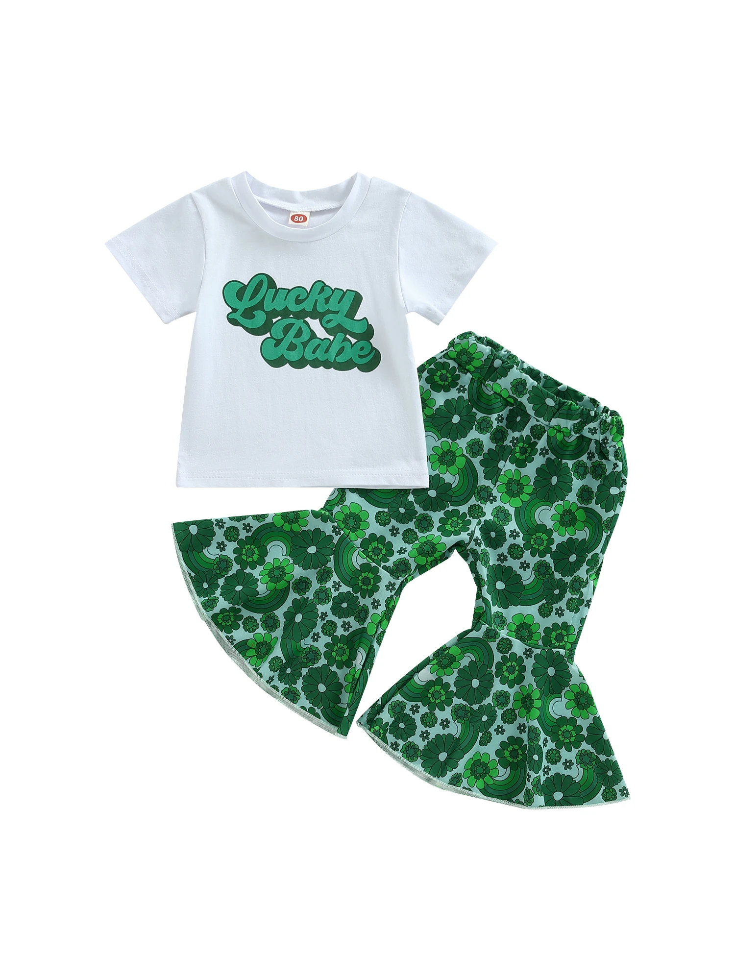 

Одежда для маленьких девочек на День Св. Патрика, футболка с коротким рукавом, топ, цветочные расклешенные брюки, комплект для маленьких девочек