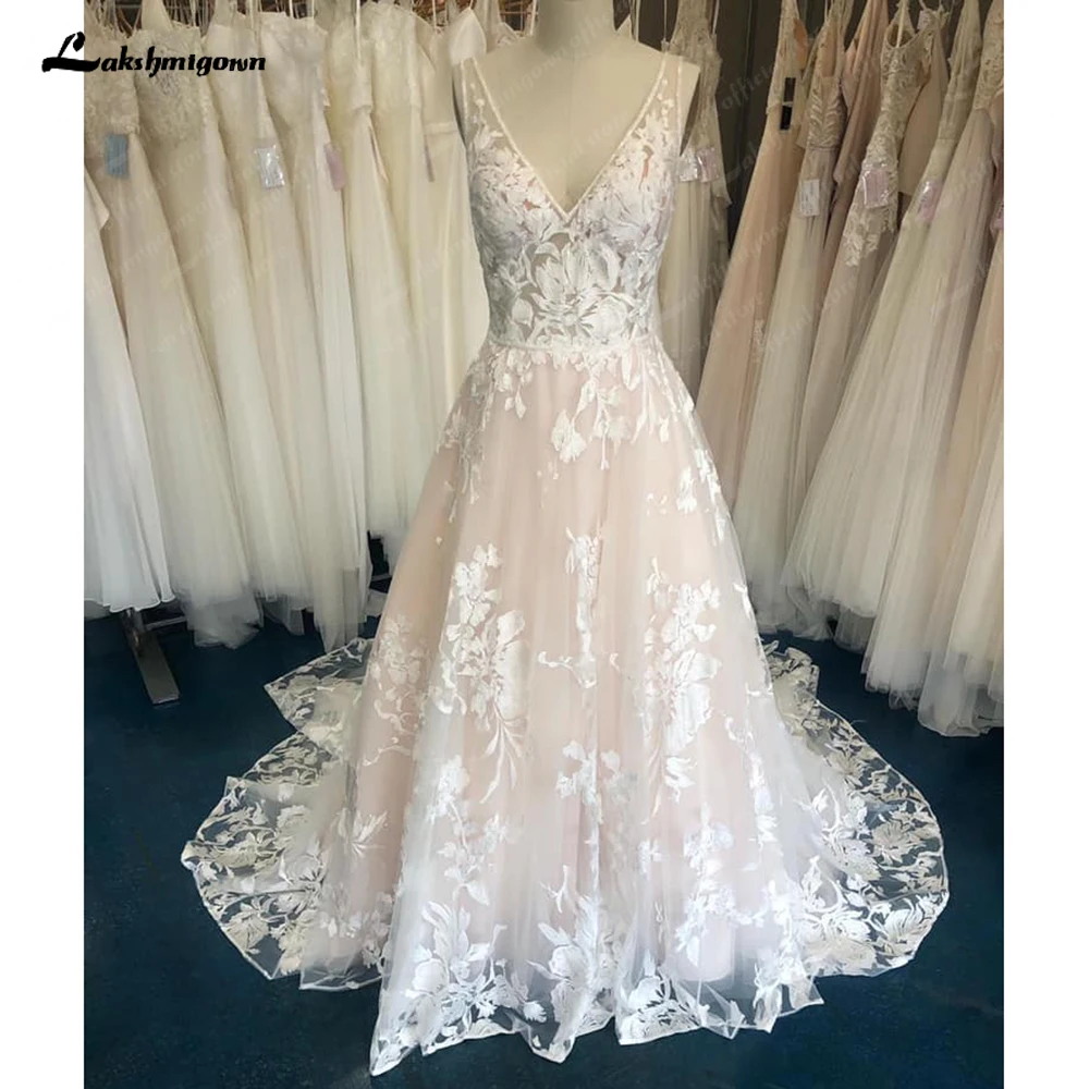 

Lakshmigown A Line Boho Bohemian Beach Lace Wedding Dress V Neck Open Back 2024 Wedding Dress for Bridal abito