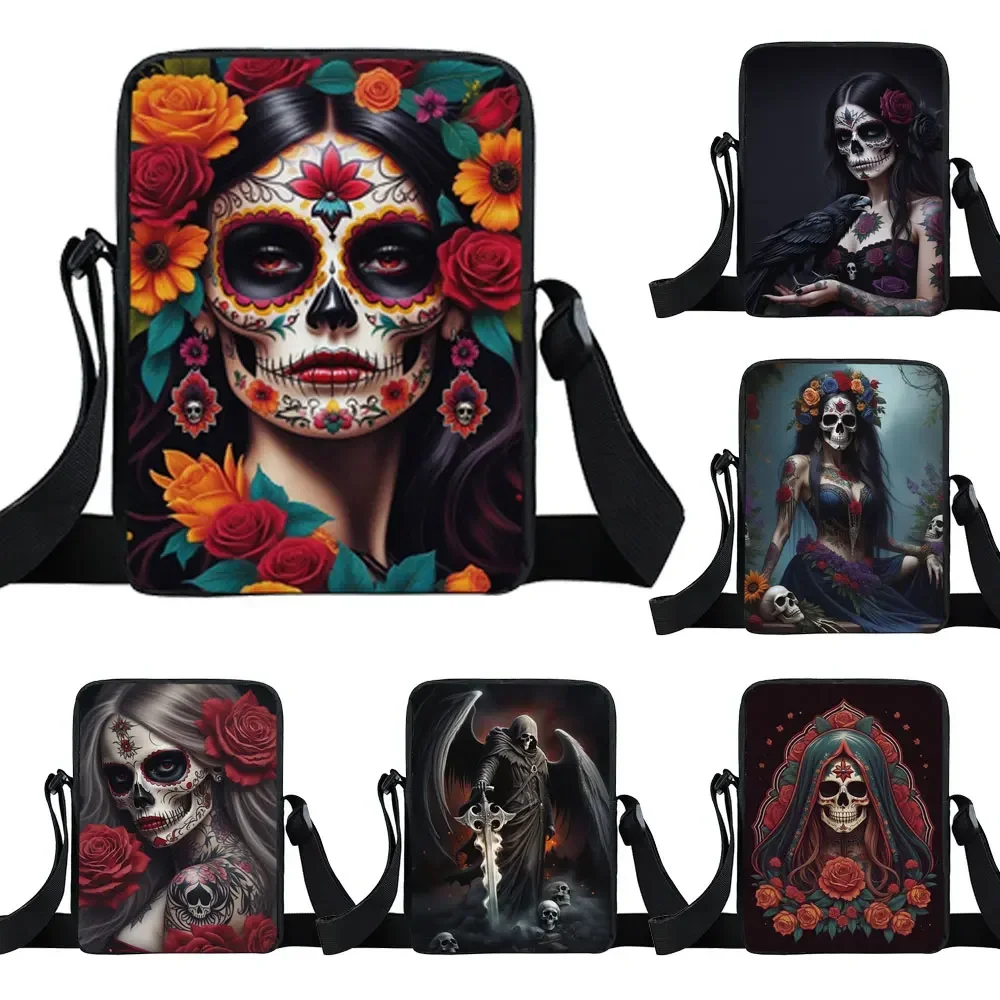 

Mexico Skull Pattern Crossbody Bag Flower Holy Death Women Handbag Muerte Skull Shoulder Bag Messenger Bag Skeleton Phone Holder