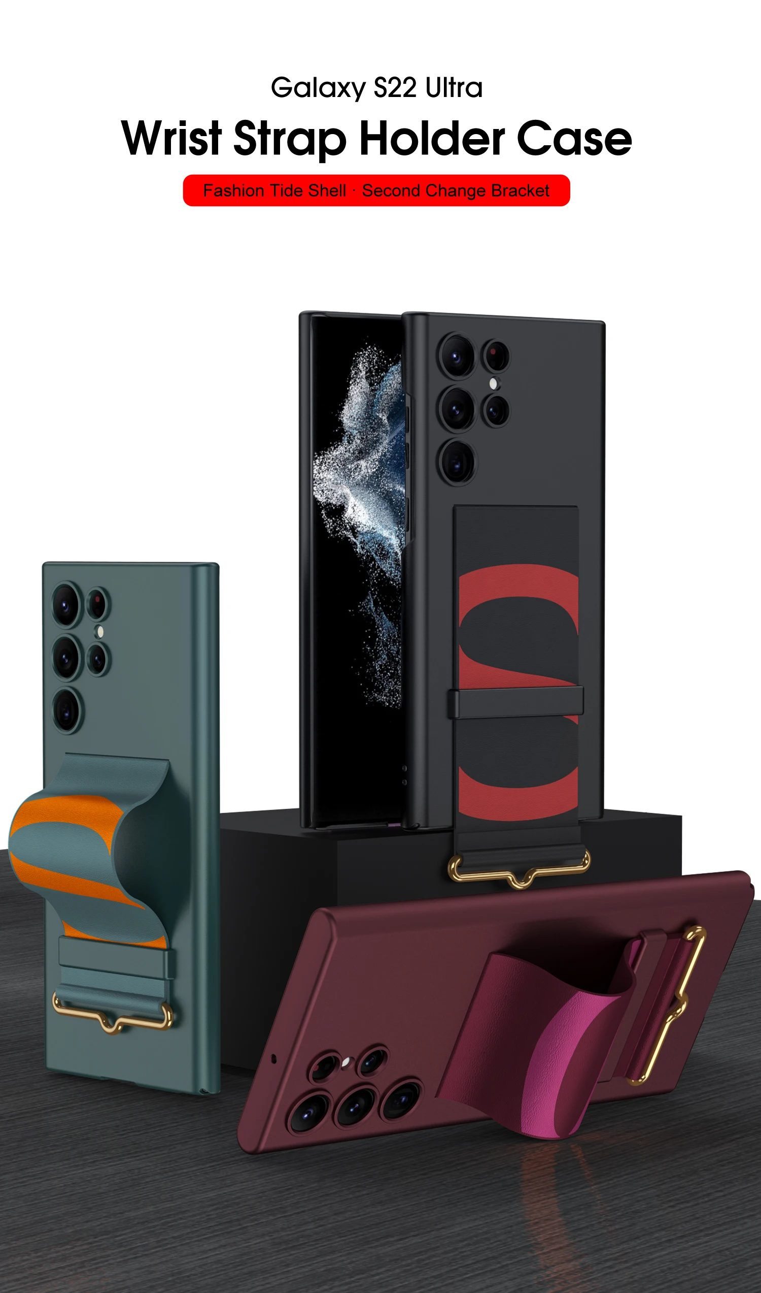 

Case For Samsung Galaxy S22 Plus Ultra Wrist Strap Stand Holder Ultra-thin Matte Carbon Fiber Shockproof Bracket Cover Shell