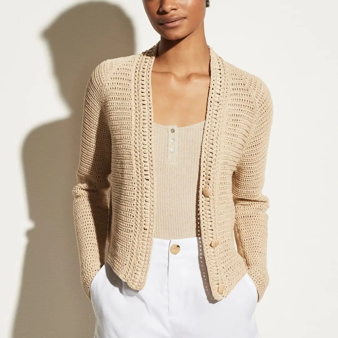 

Женский вязаный кардиган с вырезами, свитер с V-образным вырезом, однобортный женский хлопковый трикотажный жакет