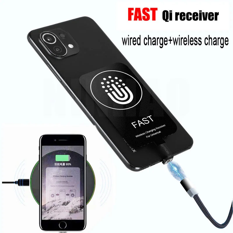 Qi Wireless Charging Receiver for Type C/Android Phones, Fast Wireless Charger Adapter Magnetic Cable Wired Charge