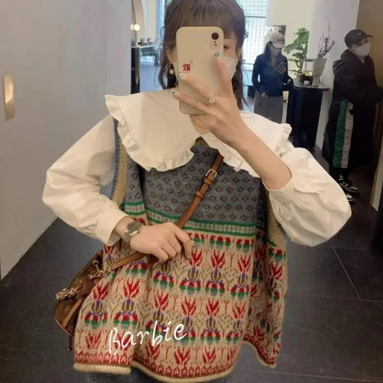 Женский Вязаный Свитер-жилет На Раннюю Осень С Цветочным Принтом Для Офиса Стиль