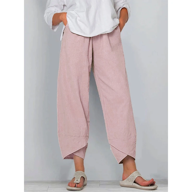 Women Cotton Linen Pants Loose Comfort Elastic Waist Harem Pants Vintage Solid Casual Pockets Wide Leg Trousers Cropped Pants
