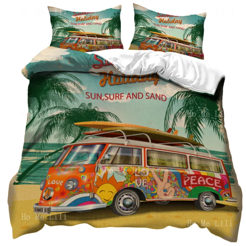 

Плакат для летних праздников в стиле ретро, автобус, Коста-Рика, пляж, пальма, солнце, доски для серфинга и песок, пододеяльник от Ho Me Lili