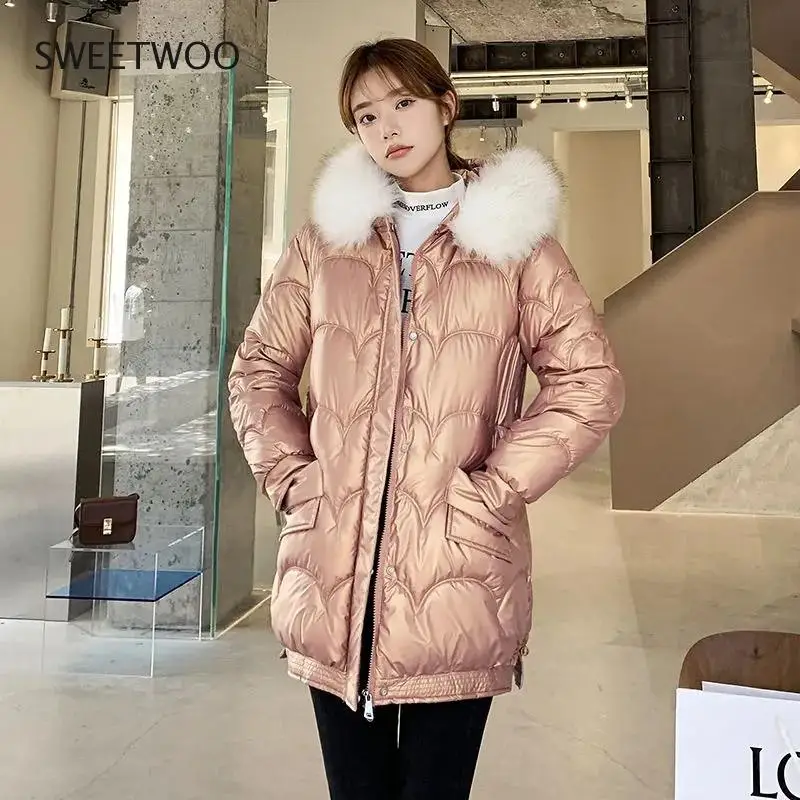 2022 New Winter Jacket Women Coats Parkas Glossy Fur Collar Hooded Overcoat Thick Warm Female Long Cotton Padded Parka Jackets