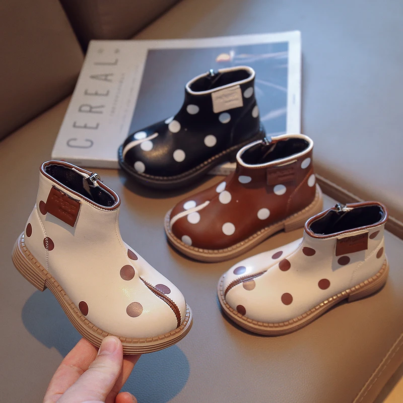 

Cute Girls Unique Chelsea Boots 2022 Polka Dot Solid Color Side Zipper Slit Spring New Kids Fashion Ankle Boots Non-slip Casual