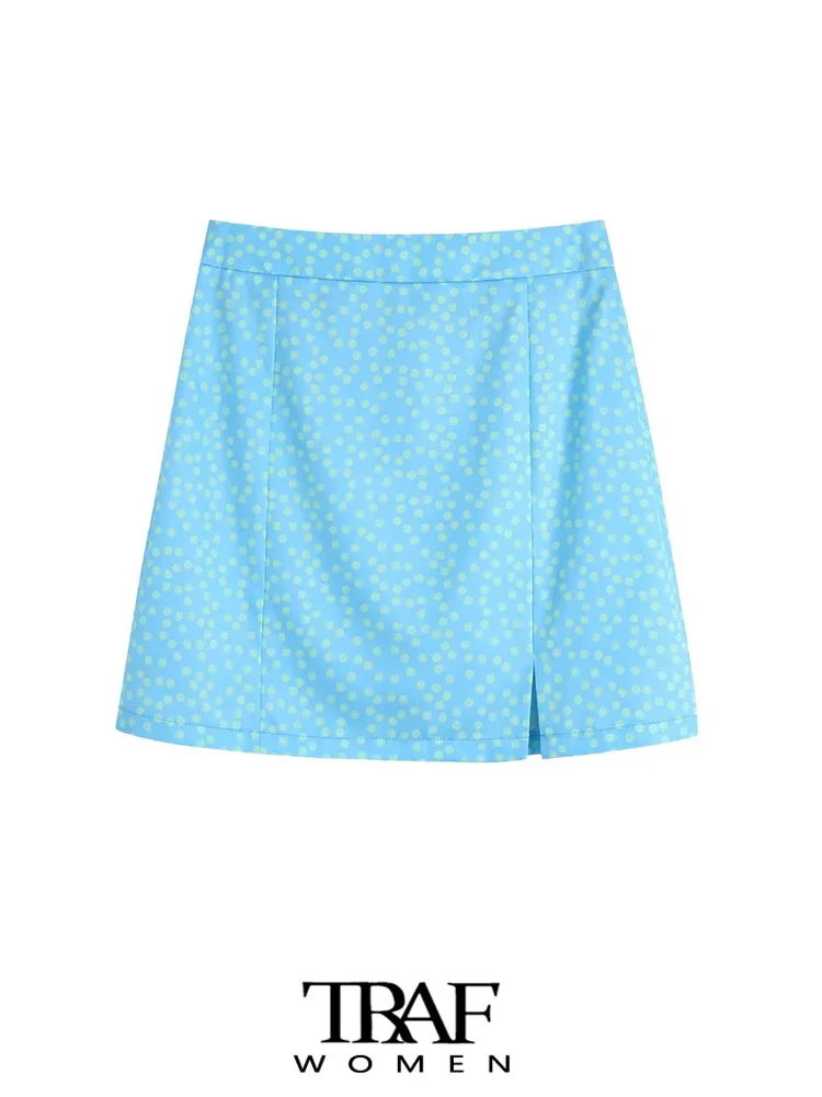

TRAF Women Fashion Front Slit Polka Dot Mini Skirt Vintage High Waist Back Zipper Female Skirts Mujer