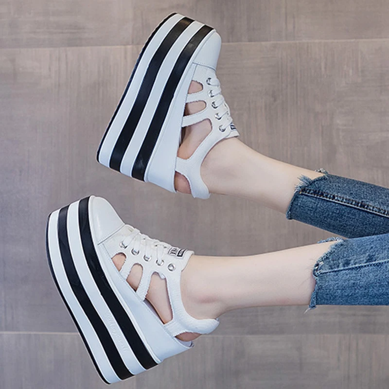 2023 New 12cm Platform Hollow Cut Design Wedge Shoes Sandals for Women Sneakers Summer Shoes  Summer Sneakers Genuine Leather