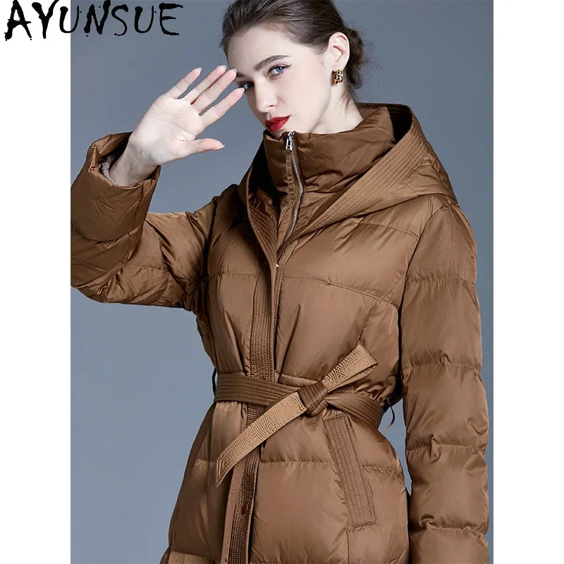 AYUNSUE Белая куртка-пуховик на утином пуху женская мода длинные пуховики с