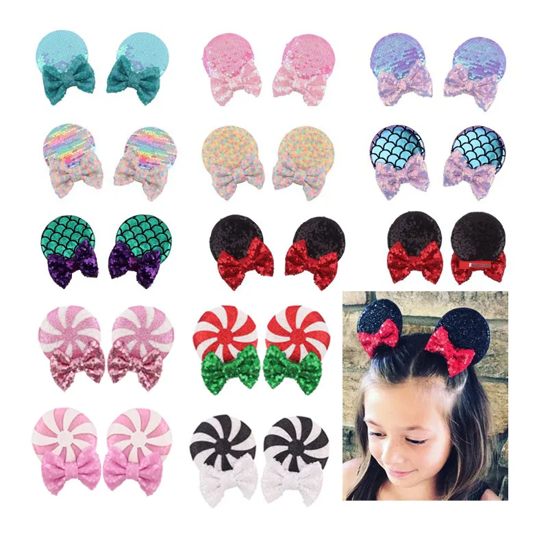 1Pair Glitter Hair Bows Hairgrips Mouse Ears Sequin Bows Hair Clips for Kids Girls Christmas Carnival Party Hair Accessories