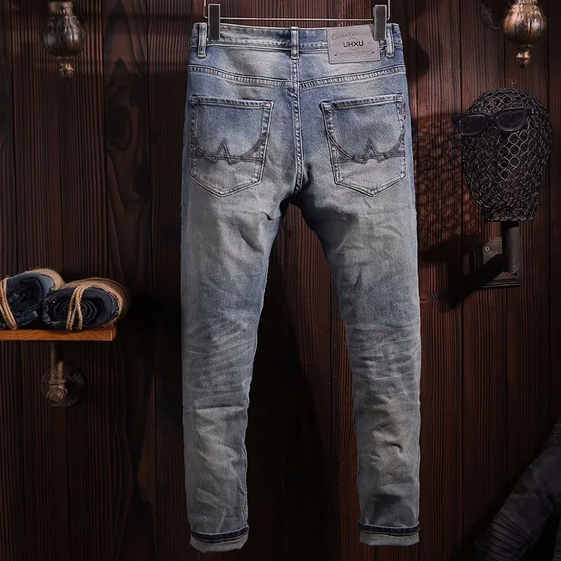 Fashion Designer Men Jeans High Quality Retro Blue Elastic Slim Fit Ripped Jeans Men Stretch Trousers Vintage Denim Pants Hombre
