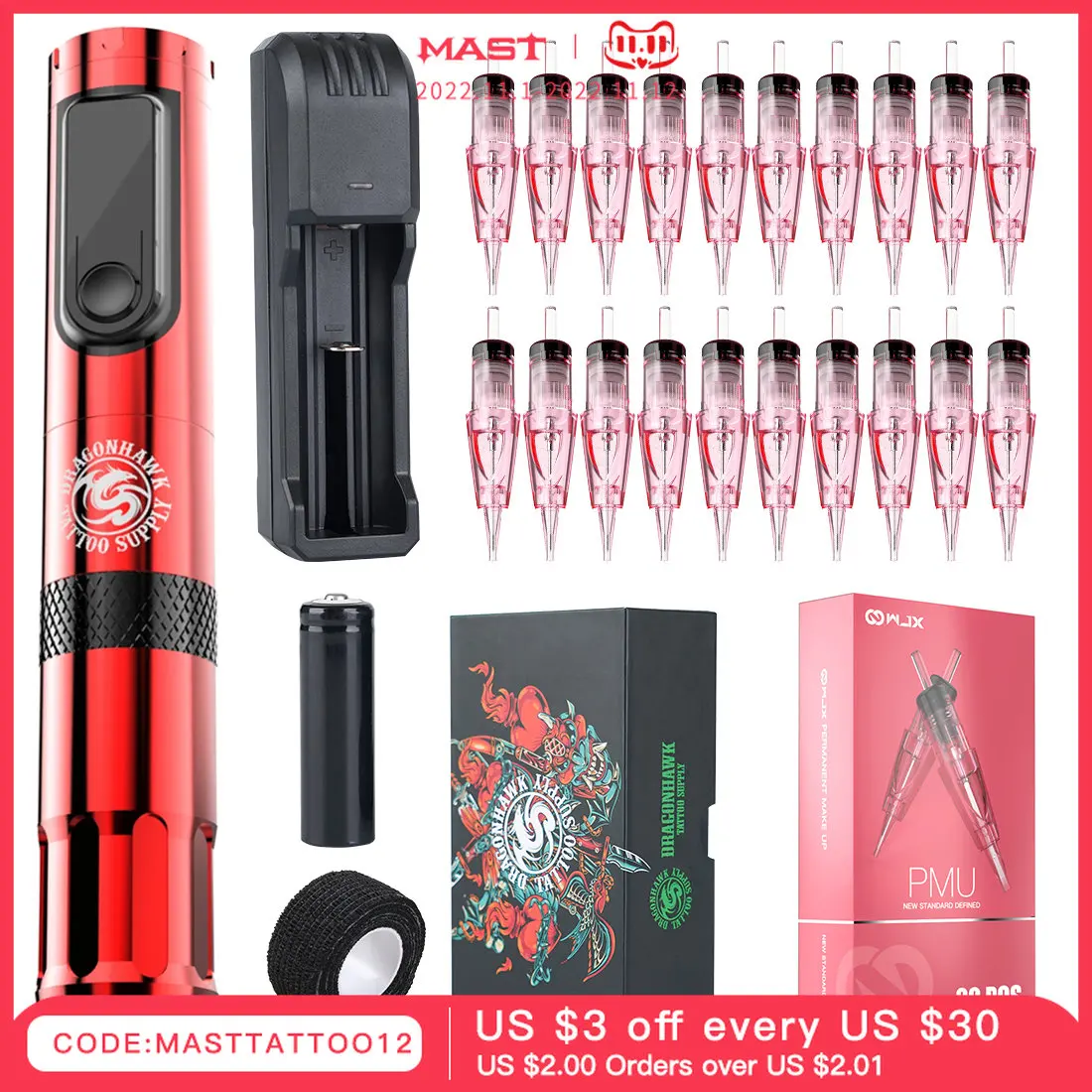 

Wireless Dragonhawk Tattoo Machine Pen Gravity Induced Voltage Regulator Replaceable Sterilized WJX Needles Permanent Makeup Set