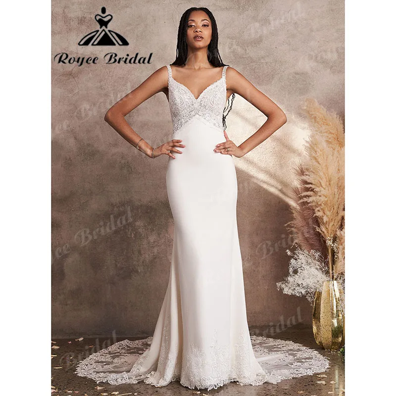 

Кружевная аппликация Roycebridal с V-образным вырезом, мягкое атласное платье с юбкой-годе, свадебное платье в стиле бохо, иллюзия, платье для неве...