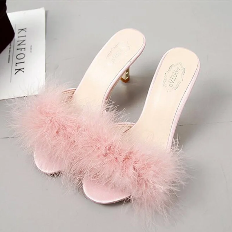 Fashion Sexy Fur Slippers Women High Heel Shoes Woman 2022 Summer New Shoes for Women Thin Heels Furry Slides for Women Shoes