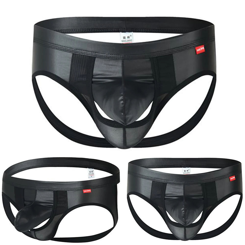 

Mens Sexy Low Waist Gay Jock Strap PU Leather WetLook Hollow Out Men Elephant Nose Underwear Male Boy Boxer Briefs G-strings