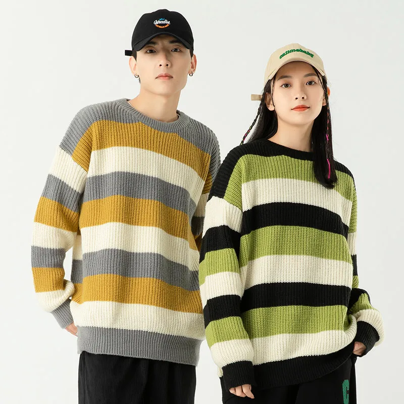 

Hot Fashion Men Couple Striped Sweater Autumn Winter Warm Pullover Casual Hip-Hop Clothing Male Classic Loose Wear