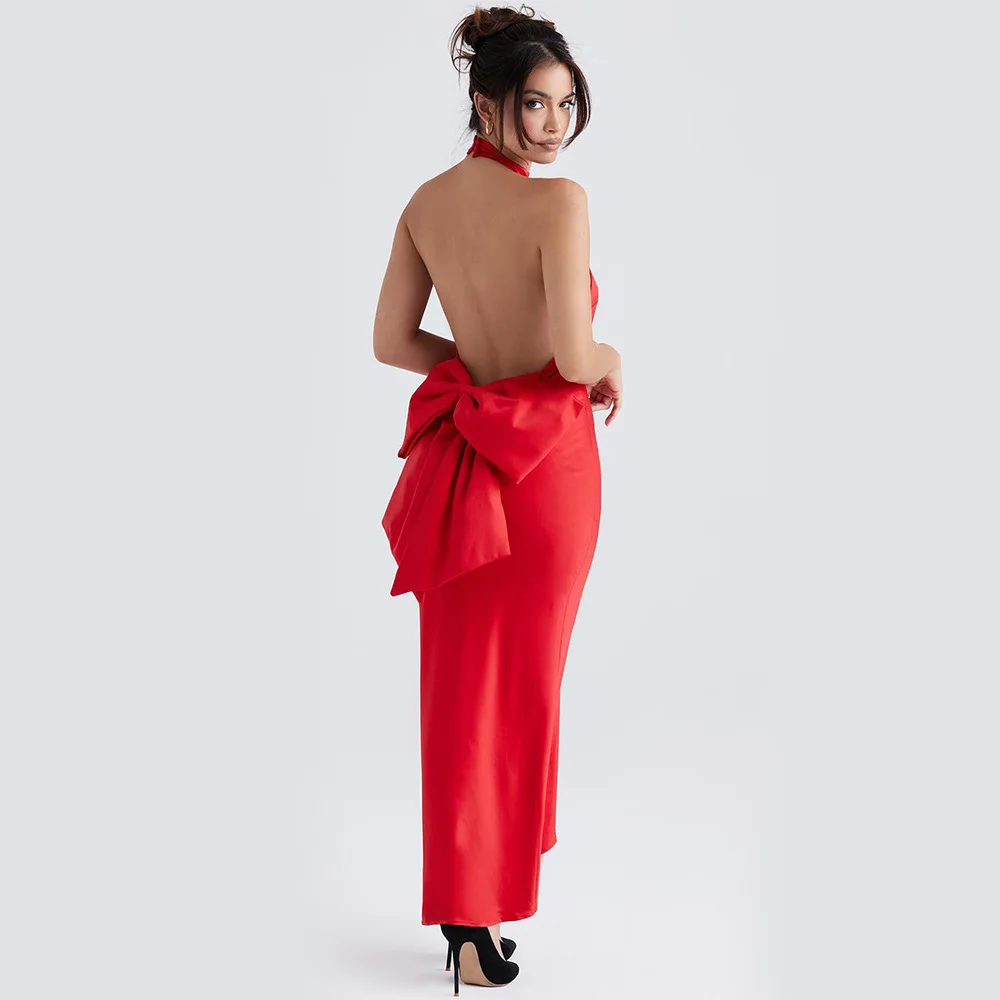 

Women's Fashion Celebrity Sexy Slim Fit Open Back Long Dress Toast Dress Bowtie Hanging Neck Dress Evening Dress