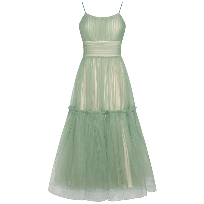 

Summer Green Large Swing Suspender Dress Vacation Skirt