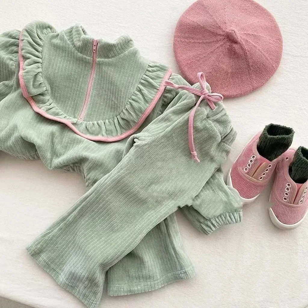 

2957E Girl Clothing Set Korean 2022 Autumn Corduroy Girl's Suit Sweater + Pants Fashionable Small Fragrance Girl's Two Piece Set