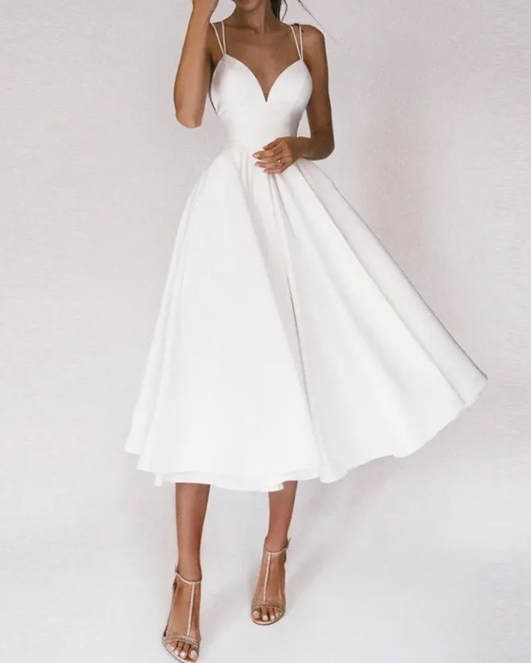 

2022 Summer Women's Dresses Spaghetti Strap Crisscross Backless Party Dress A Line V Neck Double Strap Plain Corset Waist Ladies