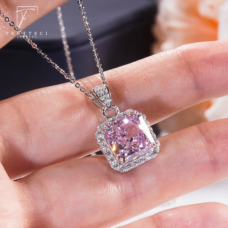 S925 Sterling Silver 18k Gold Plated Pink Diamond Necklace Women Luxury Set Princess Square Fancy Color 5A Zircon Pendant Women