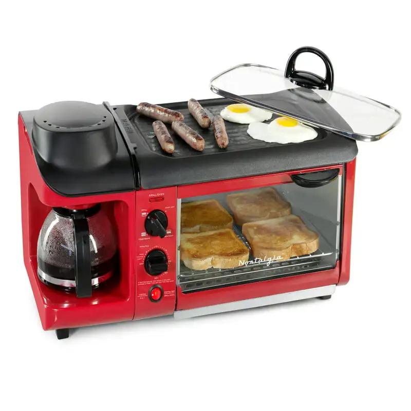 

BST3RR Retro 3-in-1 Family Size Electric Breakfast Station Coffeemaker Griddle Toaster Oven - Retro Red Home Appliance