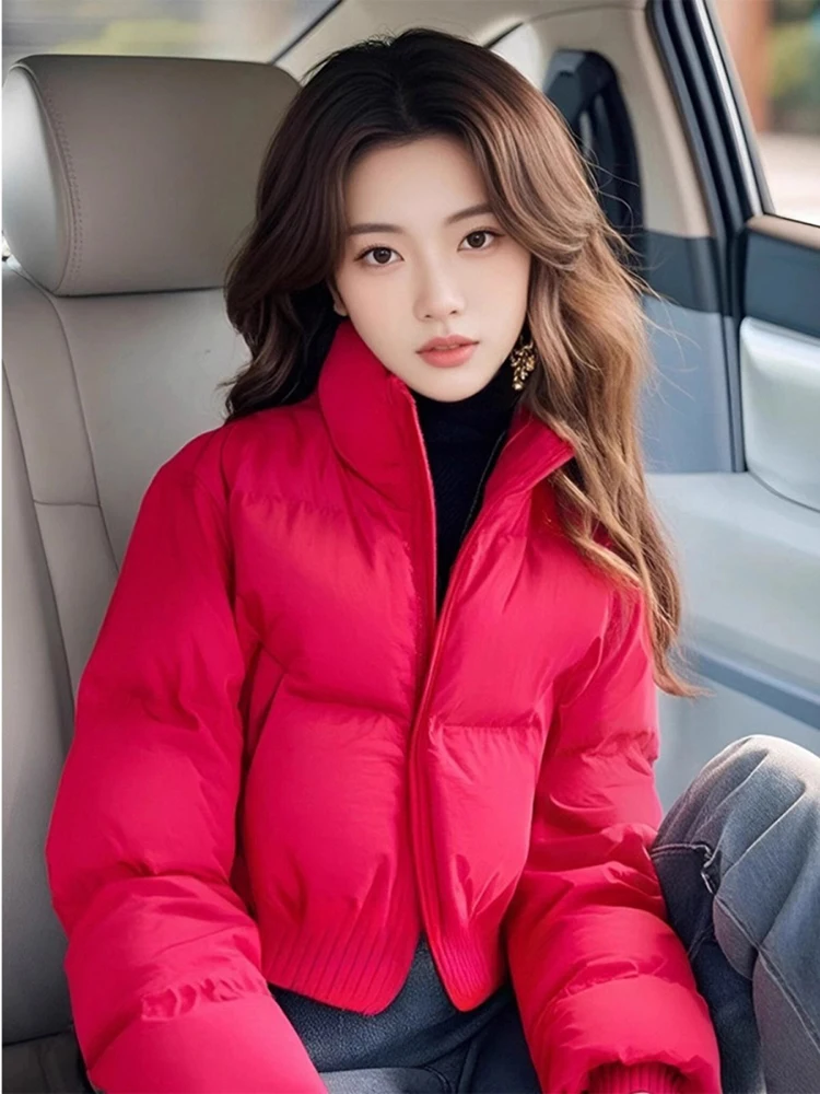 Rose Red Stand Collar Quilted Bread down Jacket Cotton-padded Clothes Cotton-Padded Women 2024 New Winter Black Tea St...