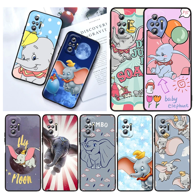 

Cute Animation Dumbo Case For Xiaomi Redmi Note 11E 11S 11 11T 10 10S 9 9T 9S 8 8T Pro 5G 7 5 Black Silicone Phone Cover