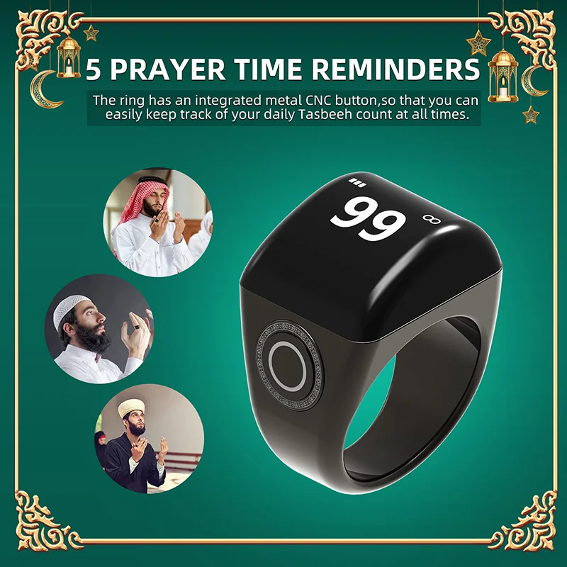 Equantu Muslim Smart Ring Metal 5 Prayer Time Reminder Bluetooth Music Ring Speaker OLED Display Multilingual Ring 18 20 22mm