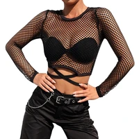 new sexy mesh shiny long sleeved t shirt ladies spring transparent club party black t shirt sexy thin o neck short bottoming top