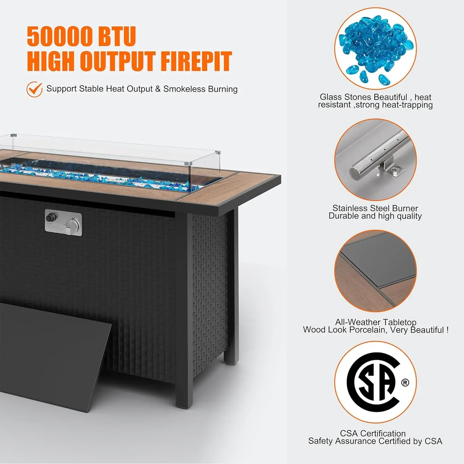 45-дюймовая уличная пропановая костра 50000 BTU газовая стол с ореховой столешницей