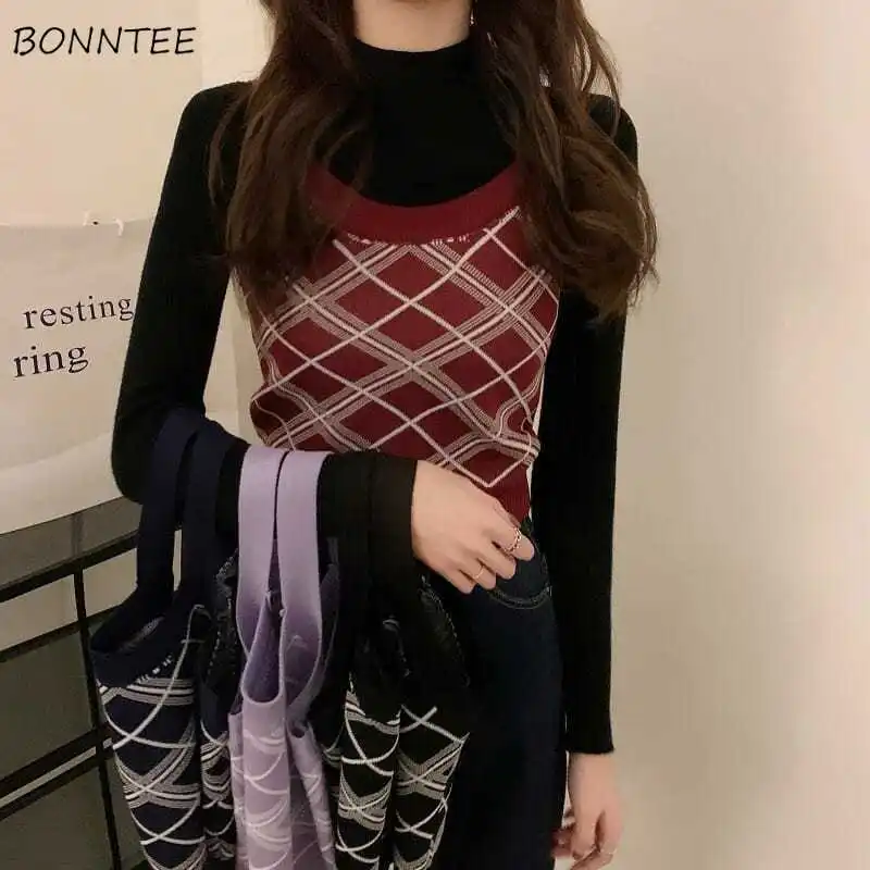 

Tanks Women Summer New Arrival Bodycon All-match Panelled Argyle Sweet Sexy Retros Leisure Cropped Knitted Tops Girls Y2K Ins